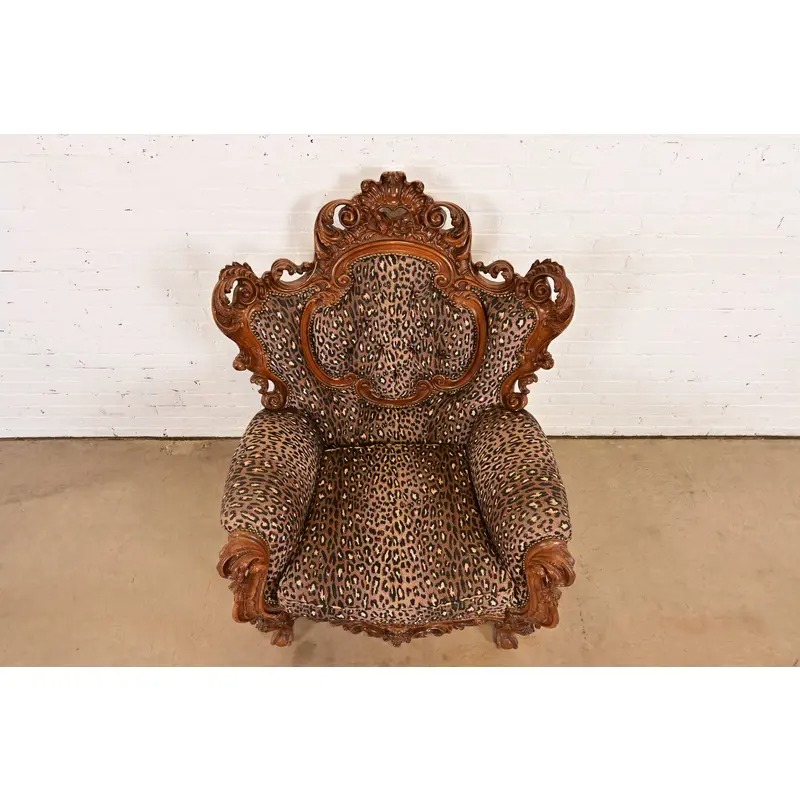 Italian Baroque Ornate Carved Walnut Throne Chair or Lounge Chair With Leopard Print Upholstery - Image 5