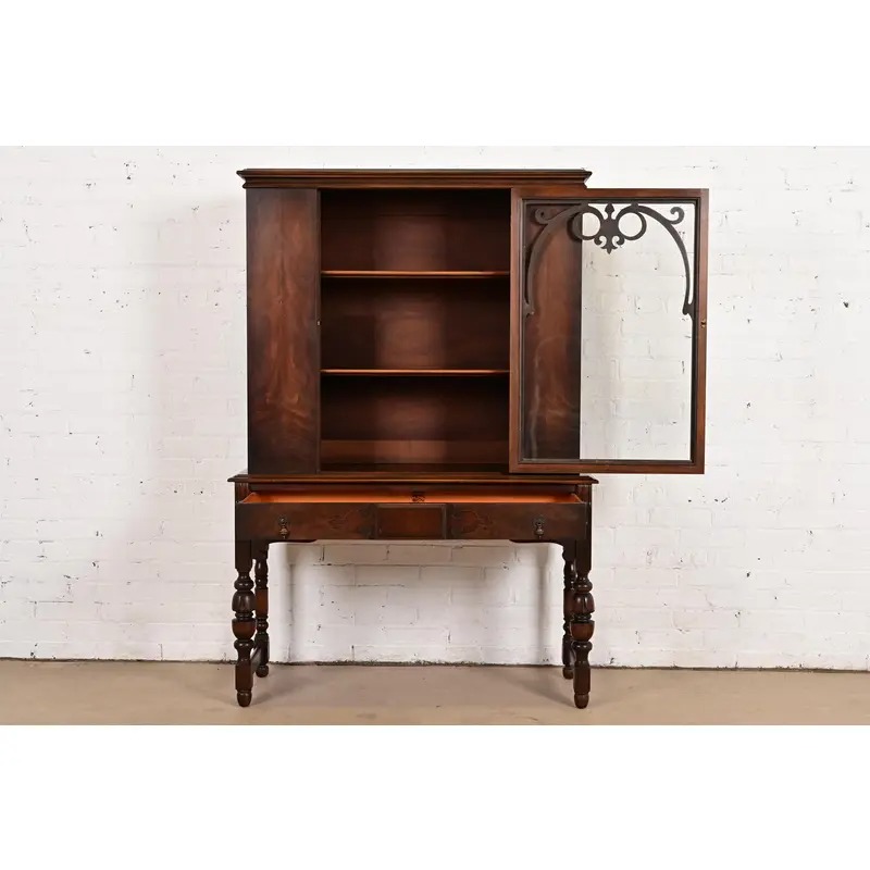 Limbert English Jacobean Carved Walnut and Burl Wood Bookcase or Bar Cabinet, Circa 1920s - Image 5