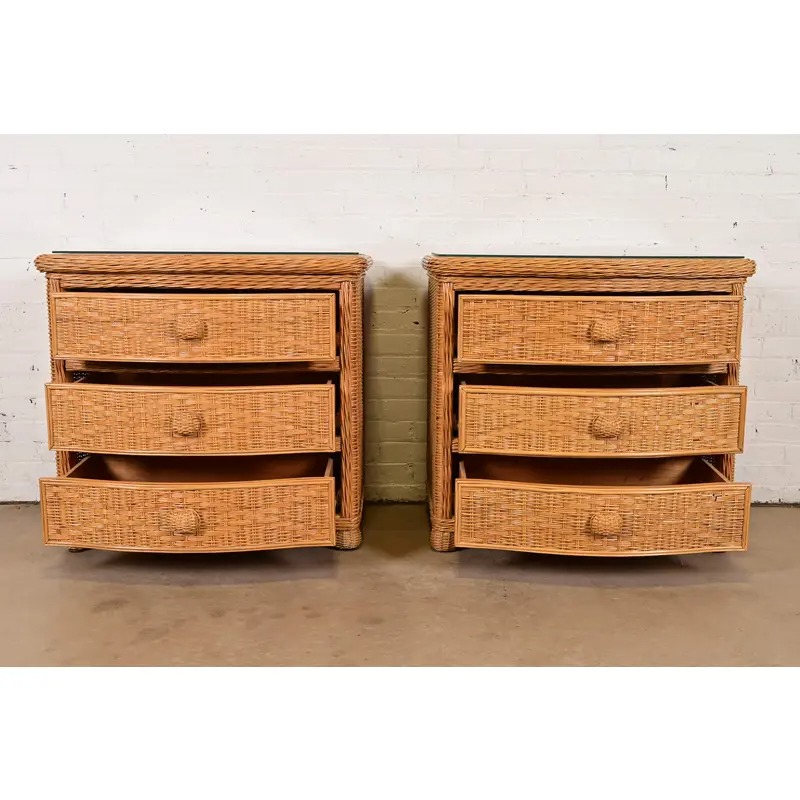 Ralph Lauren Style Organic Modern Woven Wicker Rattan Bedside Chests, Pair - Image 5