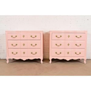 John Widdicomb French Provincial Louis XV Pink Lacquered Commodes or Chests of Drawers, Newly Refinished