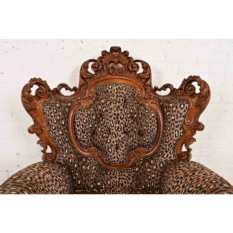 Italian Baroque Ornate Carved Walnut Throne Chair or Lounge Chair With Leopard Print Upholstery - Image 6