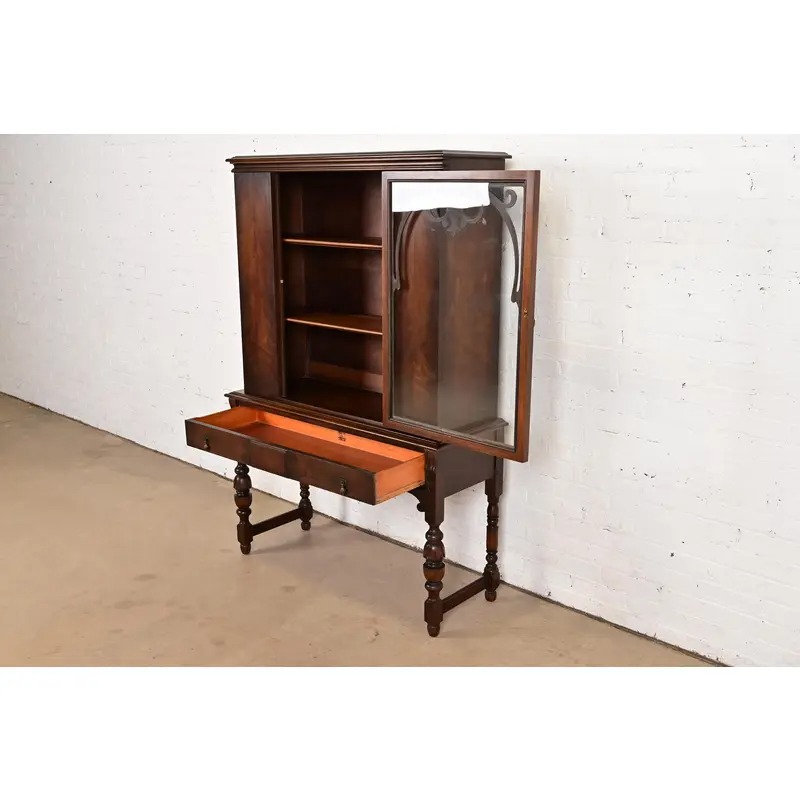 Limbert English Jacobean Carved Walnut and Burl Wood Bookcase or Bar Cabinet, Circa 1920s - Image 6
