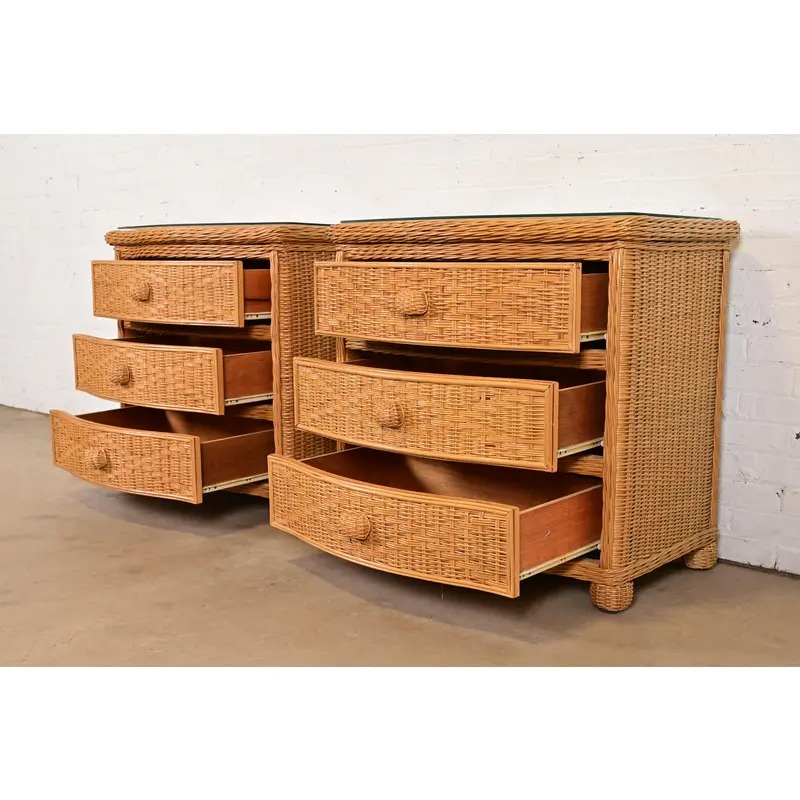 Ralph Lauren Style Organic Modern Woven Wicker Rattan Bedside Chests, Pair - Image 6