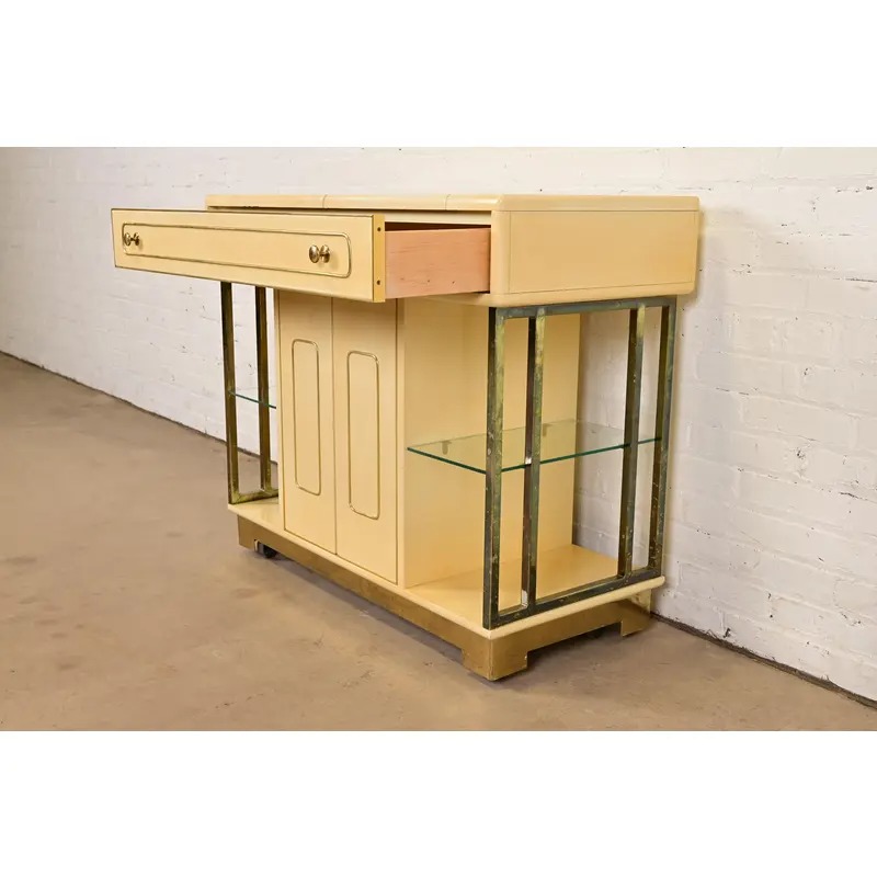Romweber Mid-Century Modern Hollywood Regency Cream Lacquered and Brass Flip Top Buffet Server or Bar Cart, Circa 1960s - Image 6