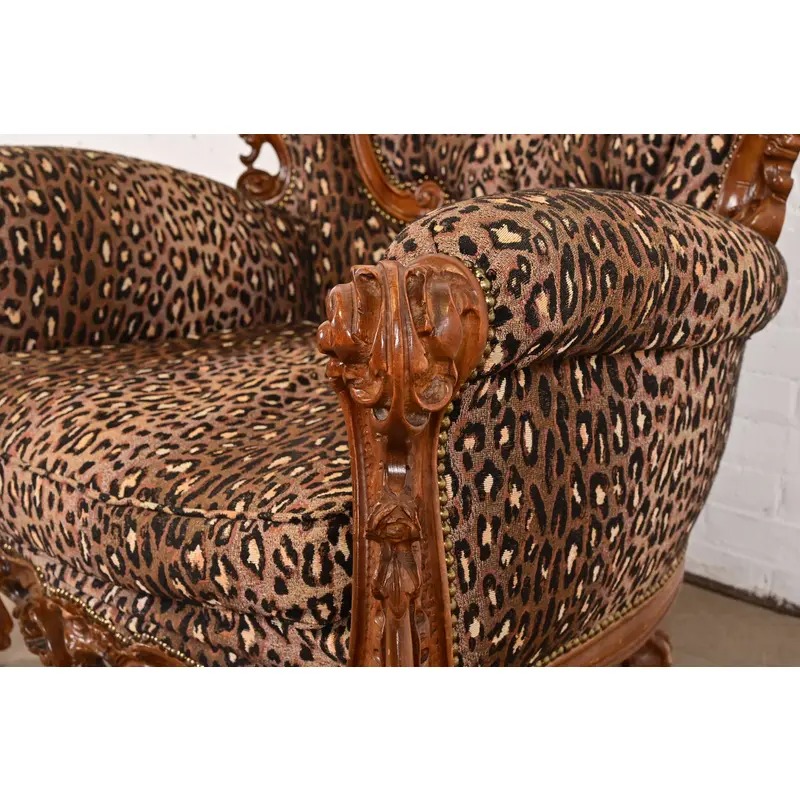 Italian Baroque Ornate Carved Walnut Throne Chairs or Lounge Chairs With Leopard Print Upholstery - Image 7