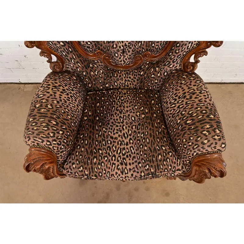 Italian Baroque Ornate Carved Walnut Throne Chairs or Lounge Chairs With Leopard Print Upholstery - Image 8