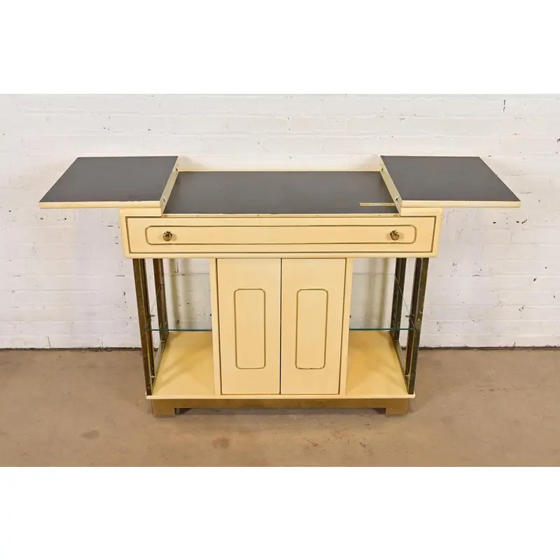 Romweber Mid-Century Modern Hollywood Regency Cream Lacquered and Brass Flip Top Buffet Server or Bar Cart, Circa 1960s - Image 8