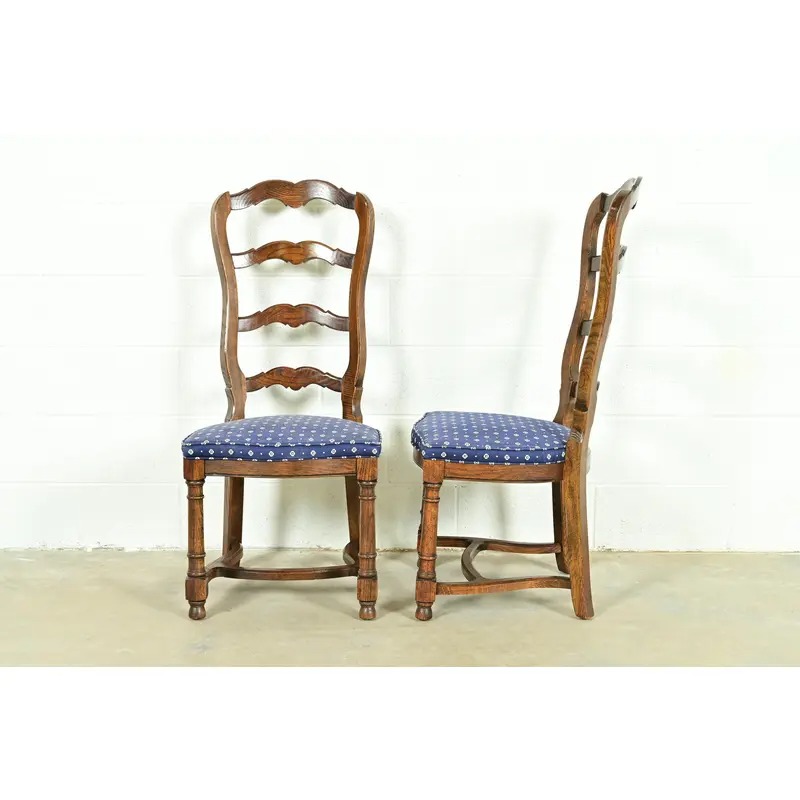 Century Furniture French Country Carved Solid Oak Ladder Back Side Chairs or Dining Chairs, Pair - Image 9