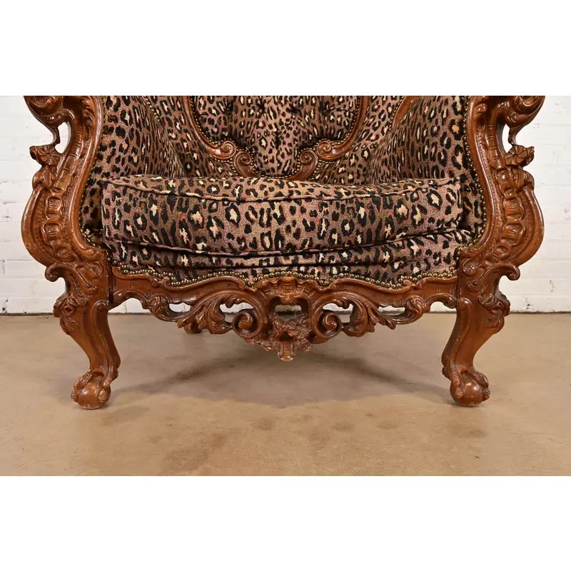 Italian Baroque Ornate Carved Walnut Throne Chair or Lounge Chair With Leopard Print Upholstery - Image 9