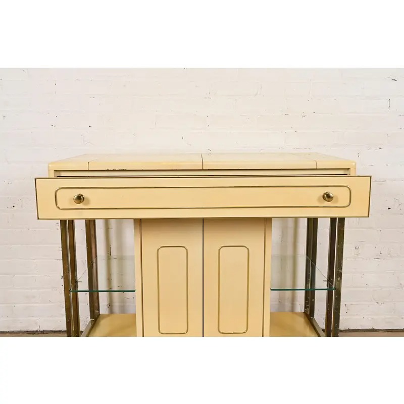 Romweber Mid-Century Modern Hollywood Regency Cream Lacquered and Brass Flip Top Buffet Server or Bar Cart, Circa 1960s - Image 9