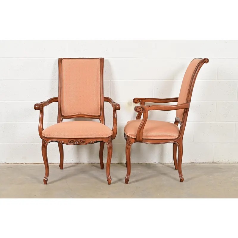 Baker Furniture French Provincial Louis XV Carved Walnut Armchairs or Dining Captain Chairs, Pair - Image 10