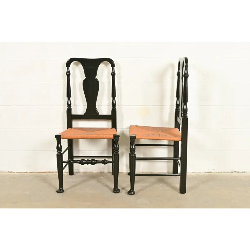 Eldred Wheeler Queen Anne Black Lacquered Side Chairs or Dining Chairs With Rush Seats, Pair - Image 10