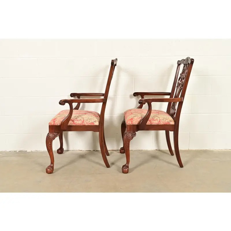Ethan Allen Chippendale Carved Mahogany Armchairs or Dining Captain Chairs, Pair - Image 10