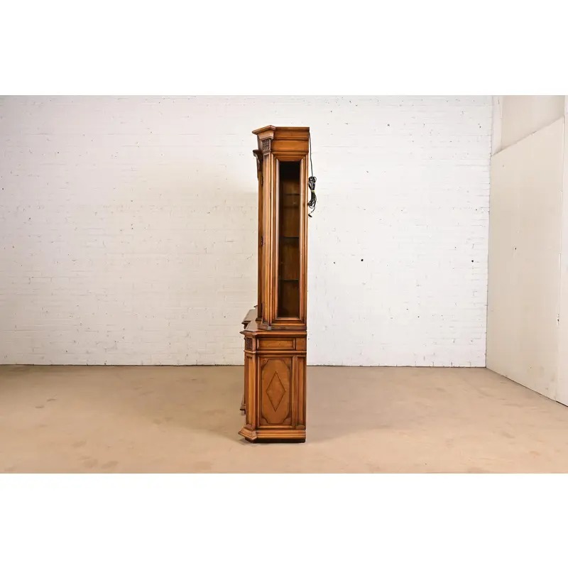 Karges French Regency Louis XVI Burled Walnut Lighted Breakfront Bookcase Cabinet, Newly Refinished - Image 10