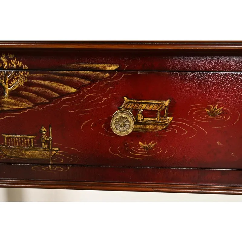 Maitland Smith English Regency Chinoiserie Hand-Painted Red Lacquered Console Table - Image 10