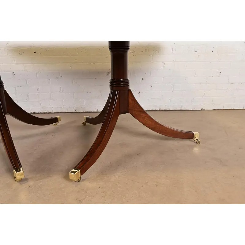 Baker Furniture Style Georgian Banded Mahogany Double Pedestal Extension Dining Table, Newly Refinished - Image 11