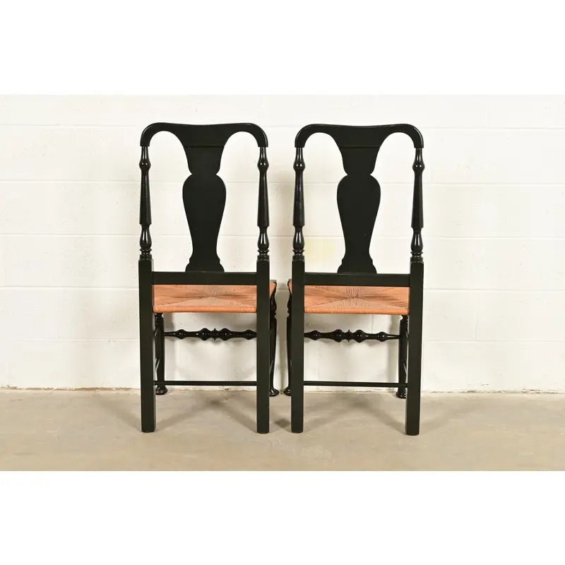 Eldred Wheeler Queen Anne Black Lacquered Side Chairs or Dining Chairs With Rush Seats, Pair - Image 11