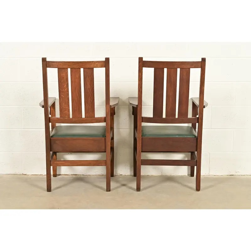 Gustav Stickley Harvey Ellis Antique Mission Oak Arts & Crafts Armchairs, Pair - Image 11