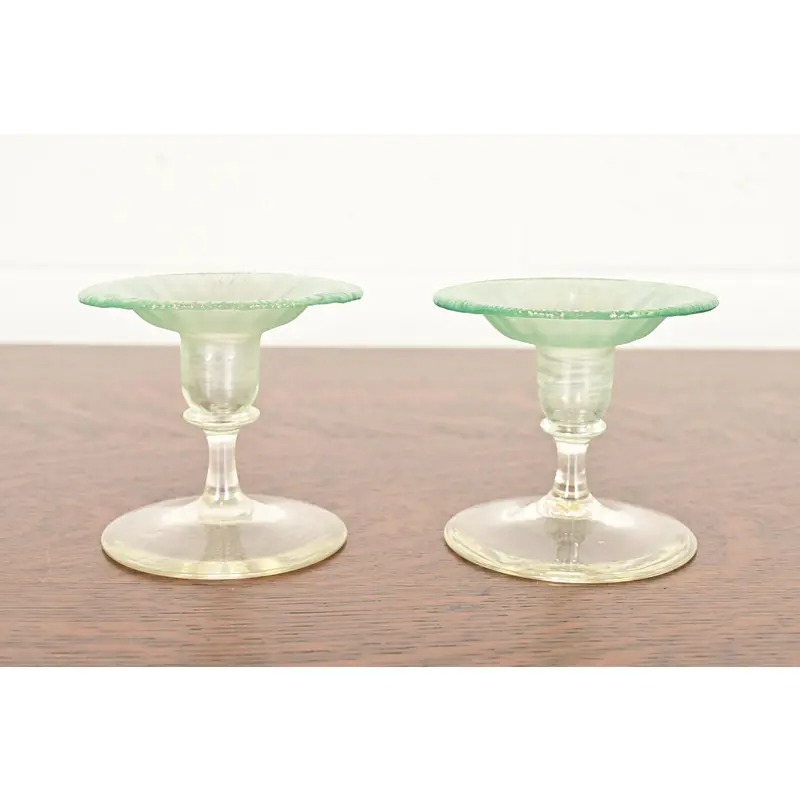 Louis Comfort Tiffany Favrile Pastel Iridescent Art Glass Candlesticks, Pair