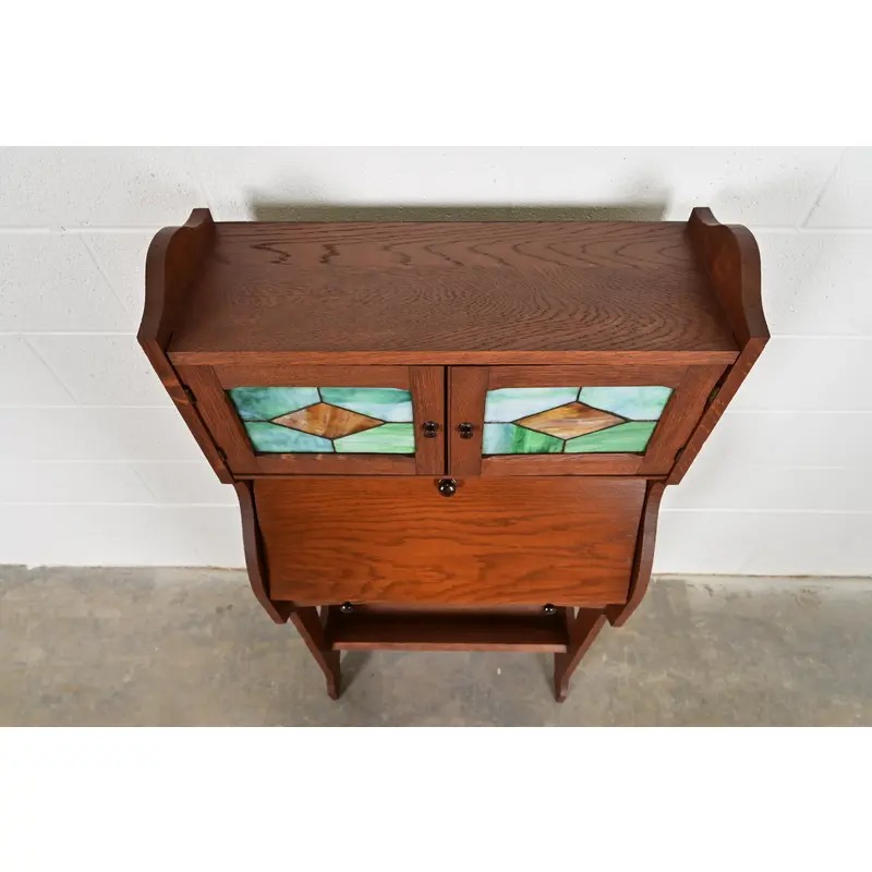 Stickley Brothers Style Antique Mission Oak Arts & Crafts Secretary Desk With Stained Glass Doors, Circa 1900 - Image 11