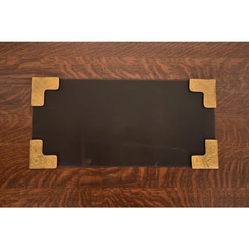 Tiffany Studios New York Zodiac Bronze Doré Blotter Corners With Leather Desk Blotter