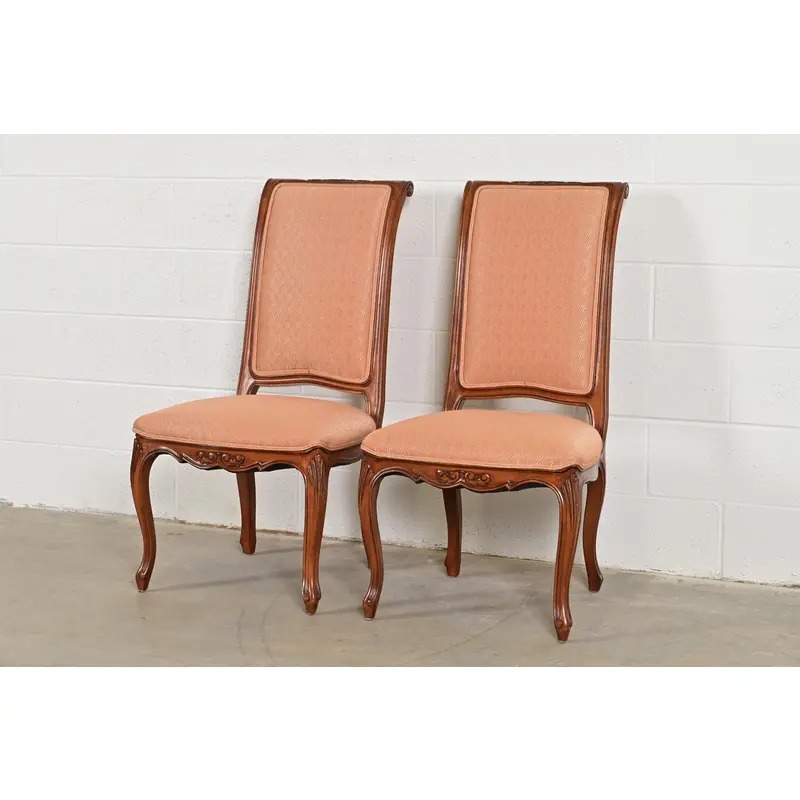 Baker Furniture French Provincial Louis XV Carved Walnut Side Chairs or Dining Chairs, Pair