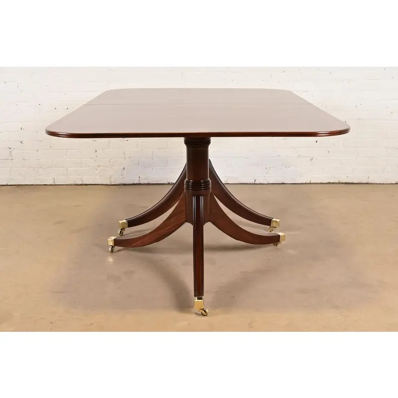 Baker Furniture Style Georgian Banded Mahogany Double Pedestal Extension Dining Table, Newly Refinished - Image 12