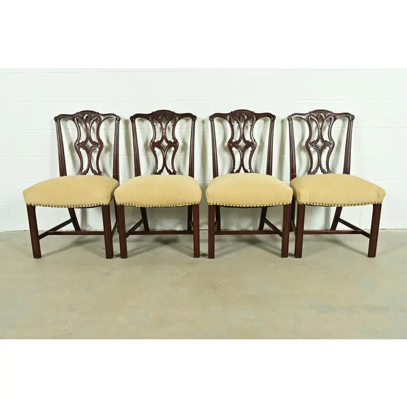 Baker Furniture Style Georgian Carved Mahogany Dining Chairs, Set of Four