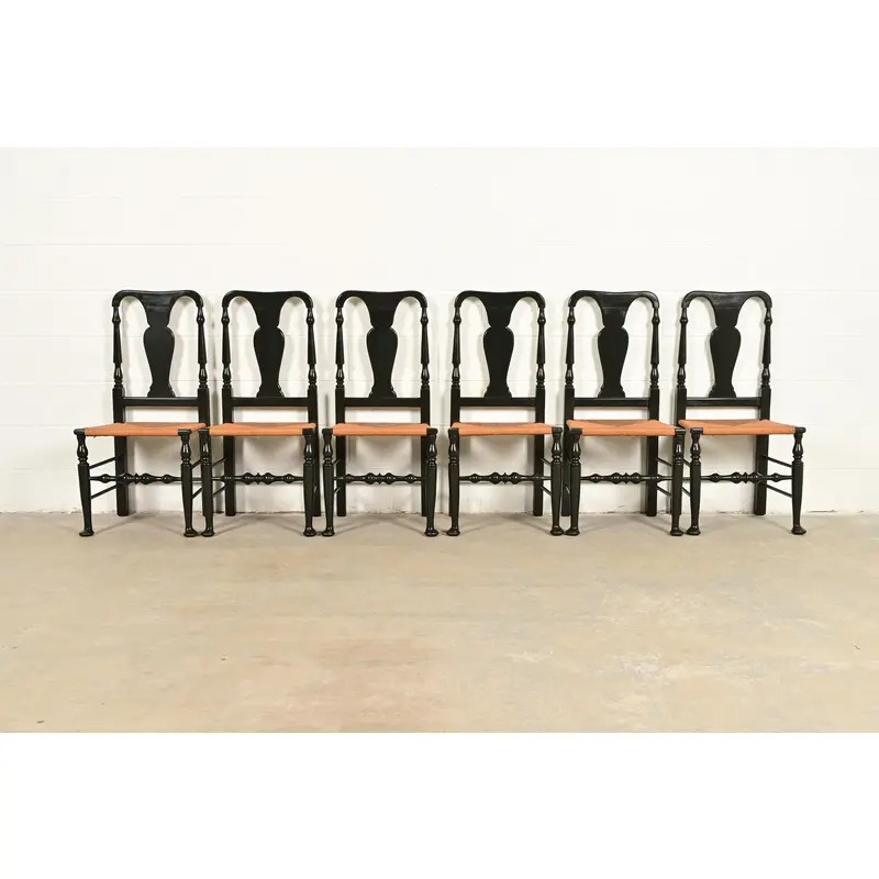 Eldred Wheeler Queen Anne Black Lacquered Side Chairs or Dining Chairs With Rush Seats, Pair - Image 12