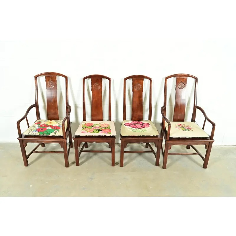 Henredon Hollywood Regency Chinoiserie Sculpted Mahogany Dining Chairs, Set of Six - Image 12