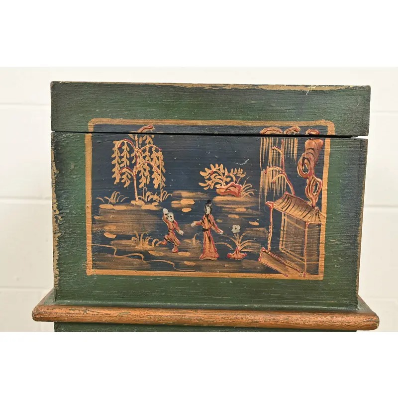 Hollywood Regency Chinoiserie Hand-Painted Green Lacquered and Gold Gilt Chest on Stand - Image 6