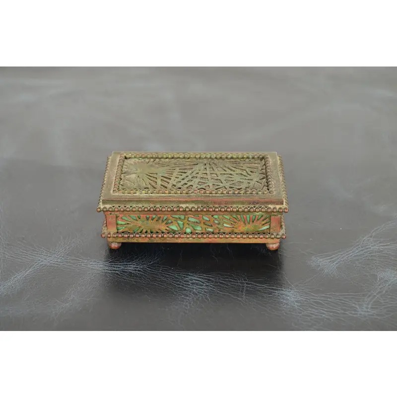Tiffany Studios New York Pine Needle Pattern Bronze and Favrile Slag Glass Stamp Box
