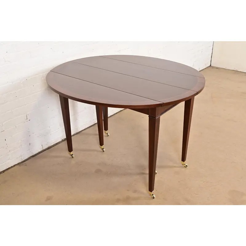 Baker Furniture Federal Banded Mahogany Drop Leaf Dining or Breakfast Table, Newly Refinished