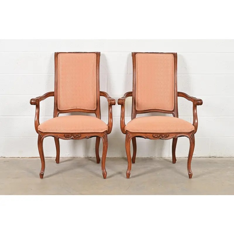 Baker Furniture French Provincial Louis XV Carved Walnut Armchairs or Dining Captain Chairs, Pair