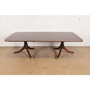 Baker Furniture Style Georgian Banded Mahogany Double Pedestal Extension Dining Table, Newly Refinished
