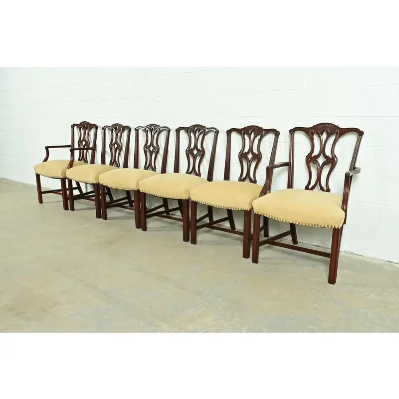 Baker Furniture Style Georgian Carved Mahogany Armchairs or Dining Captain Chairs, Pair - Image 13