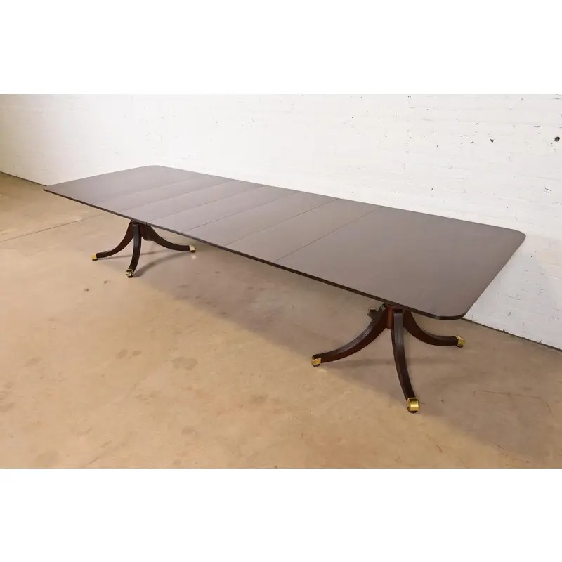 Baker Furniture Style Georgian Mahogany Double Pedestal Extension Dining Table, Newly Refinished