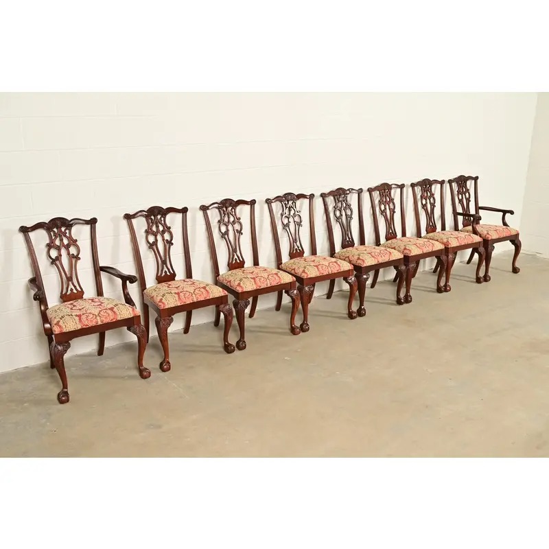 Ethan Allen Chippendale Carved Mahogany Armchairs or Dining Captain Chairs, Pair - Image 13