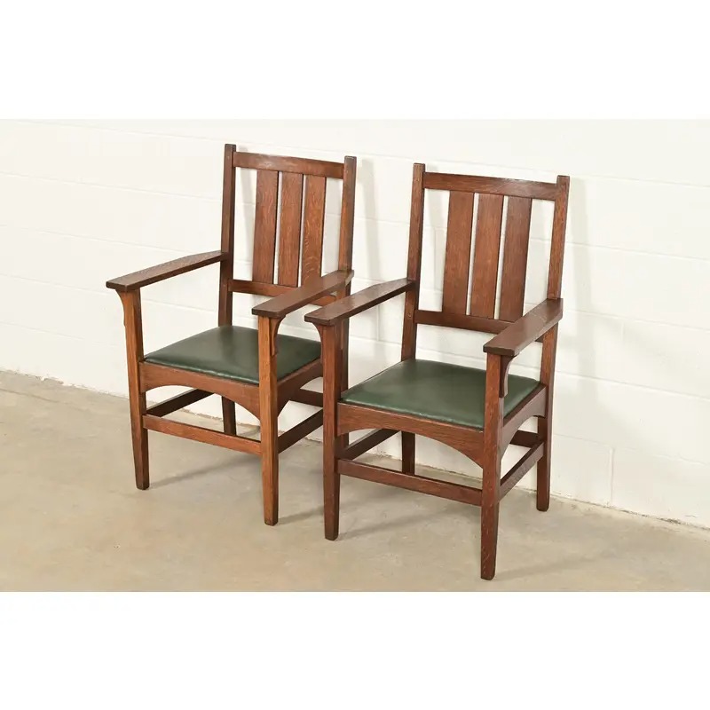 Gustav Stickley Harvey Ellis Antique Mission Oak Arts & Crafts Armchairs, Pair
