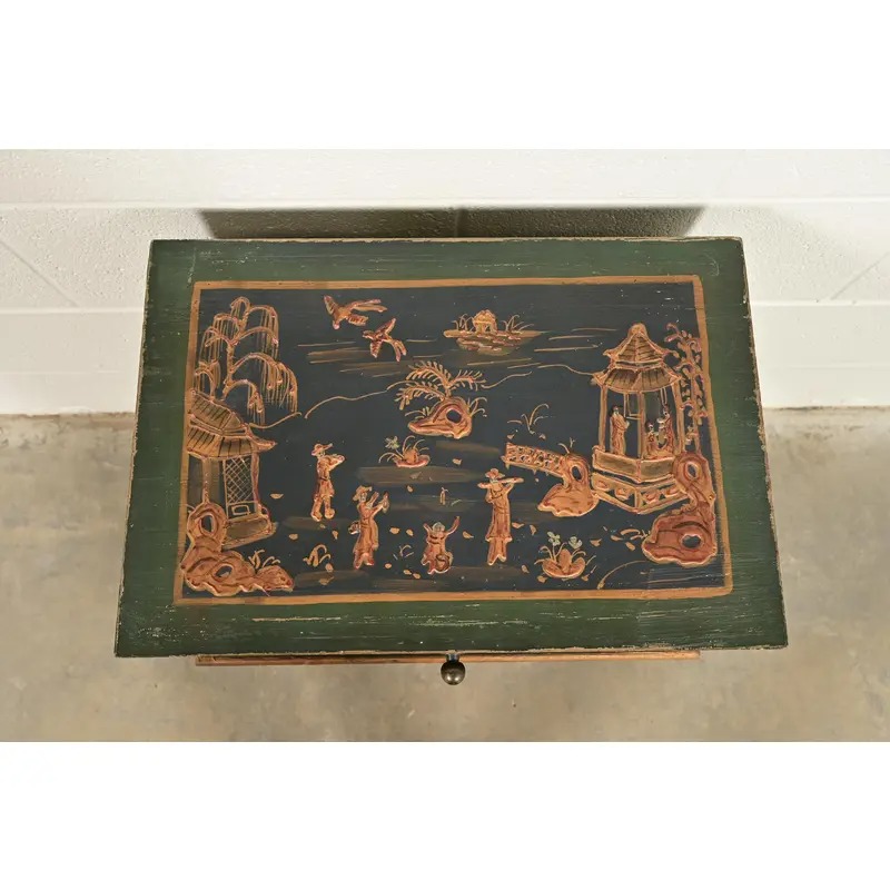 Hollywood Regency Chinoiserie Hand-Painted Green Lacquered and Gold Gilt Chest on Stand - Image 5
