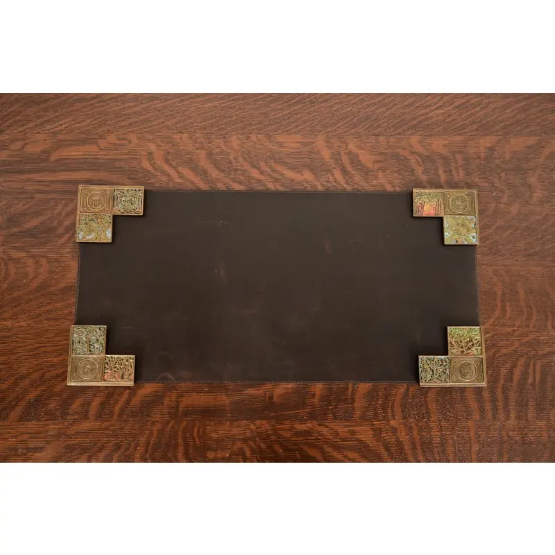 Tiffany Studios New York Bookmark Pattern Bronze Doré and Enamel Blotter Corners With Leather Desk Blotter