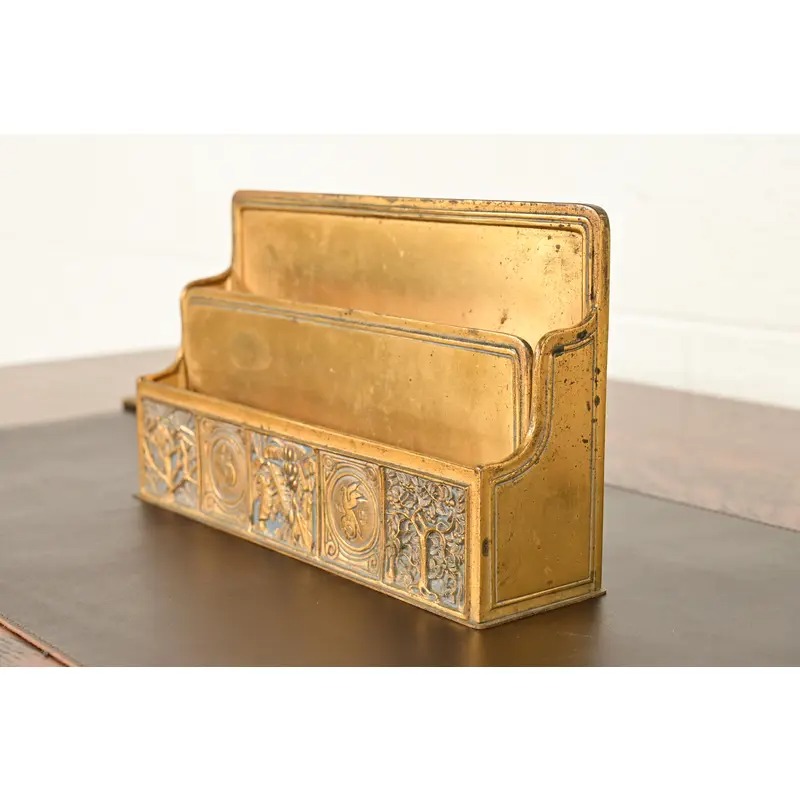 Tiffany Studios New York Bookmark Pattern Bronze Doré and Enamel Letter Rack