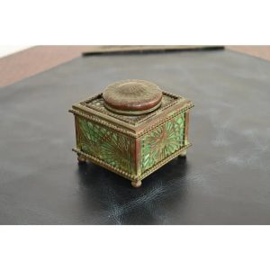 Tiffany Studios New York Pine Needle Bronze and Favrile Slag Glass Inkwell, Circa 1910