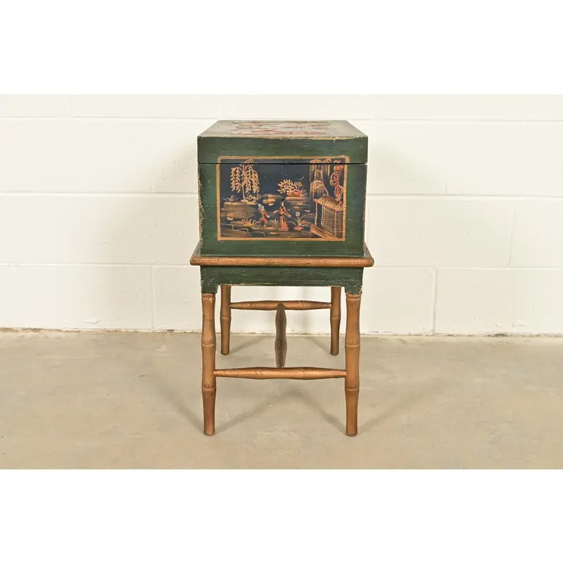 Hollywood Regency Chinoiserie Hand-Painted Green Lacquered and Gold Gilt Chest on Stand - Image 4