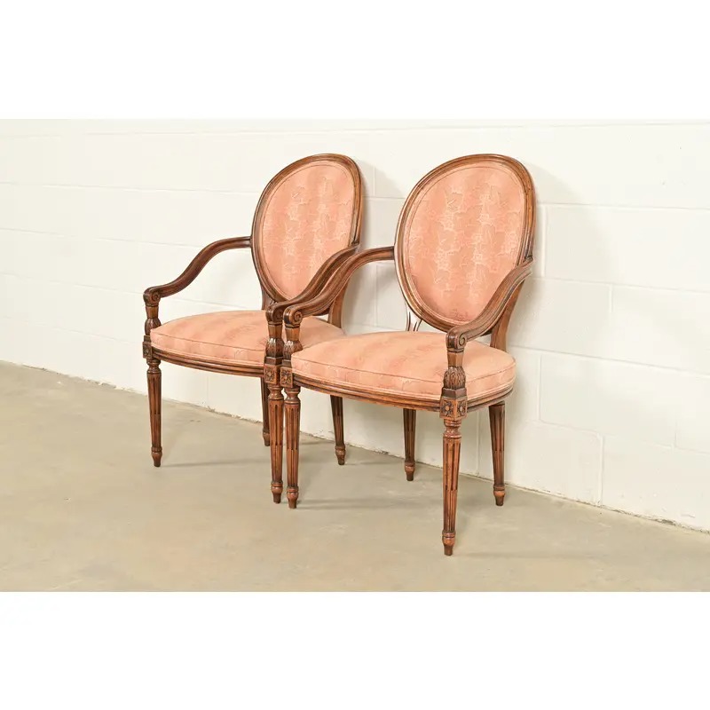 Karges French Regency Louis XVI Carved Walnut Armchairs, Pair