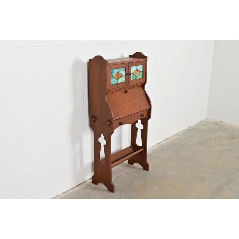 Stickley Brothers Style Antique Mission Oak Arts & Crafts Secretary Desk With Stained Glass Doors, Circa 1900
