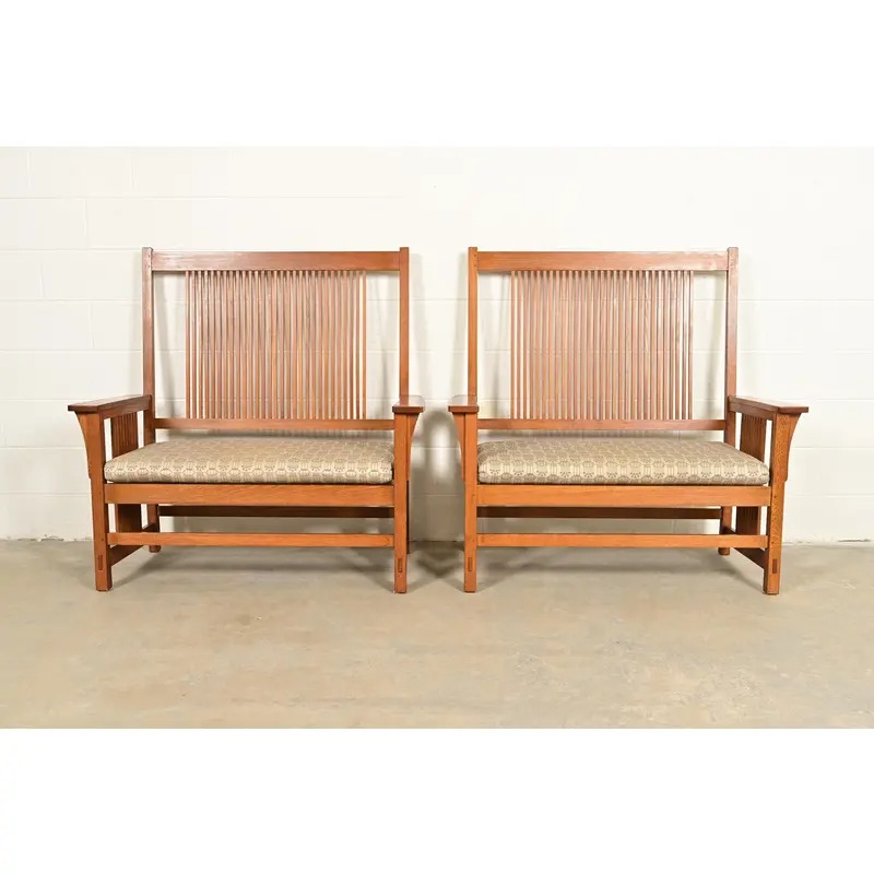 Stickley Mission Oak Arts & Crafts Spindle Benches or Settees, Pair