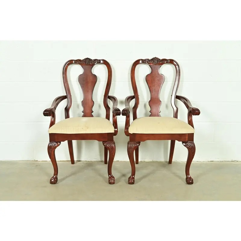 Thomasville Chippendale Carved Cherry Wood Armchairs, Pair