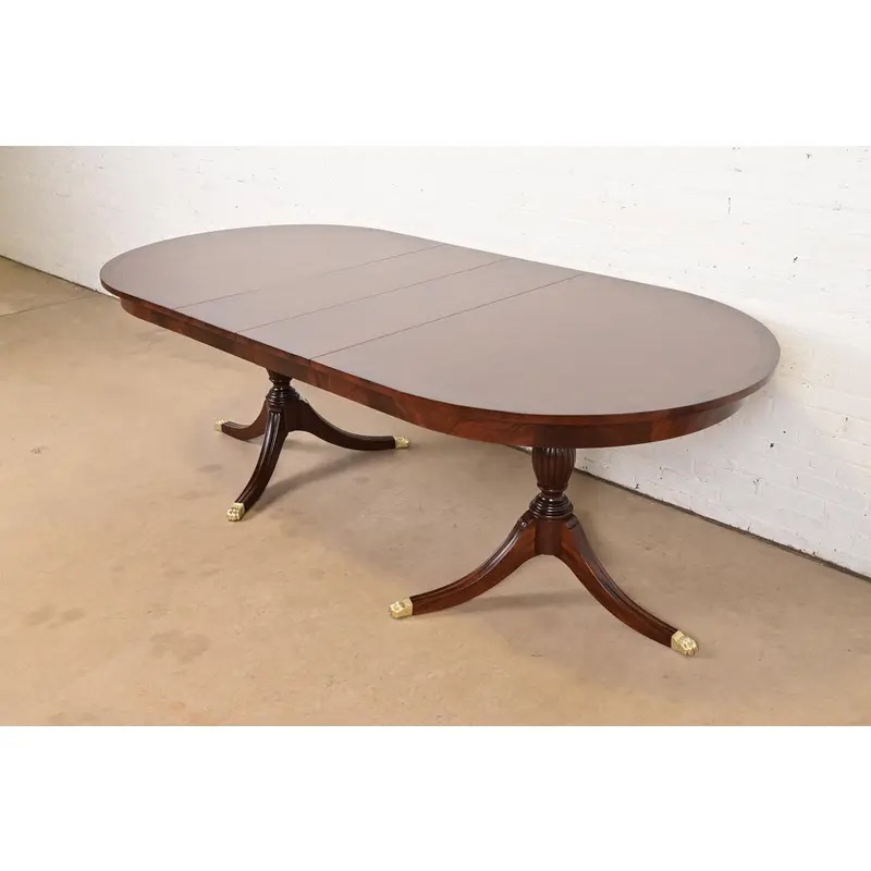 Henkel Harris Georgian Banded Mahogany Double Pedestal Extension Dining Table, Newly Refinished
