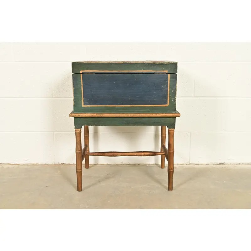 Hollywood Regency Chinoiserie Hand-Painted Green Lacquered and Gold Gilt Chest on Stand - Image 3